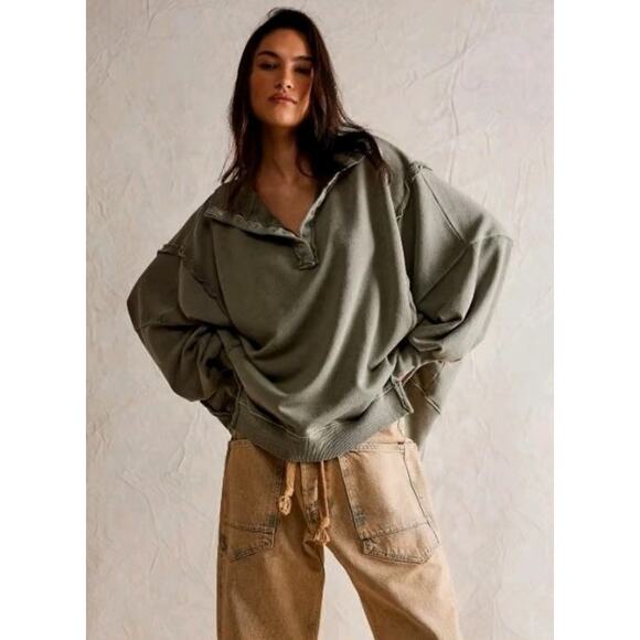 We The Free People Camden Henley Long Sleeve Sweatshirt XS Slouchy Boho Grunge - Picture 3 of 15